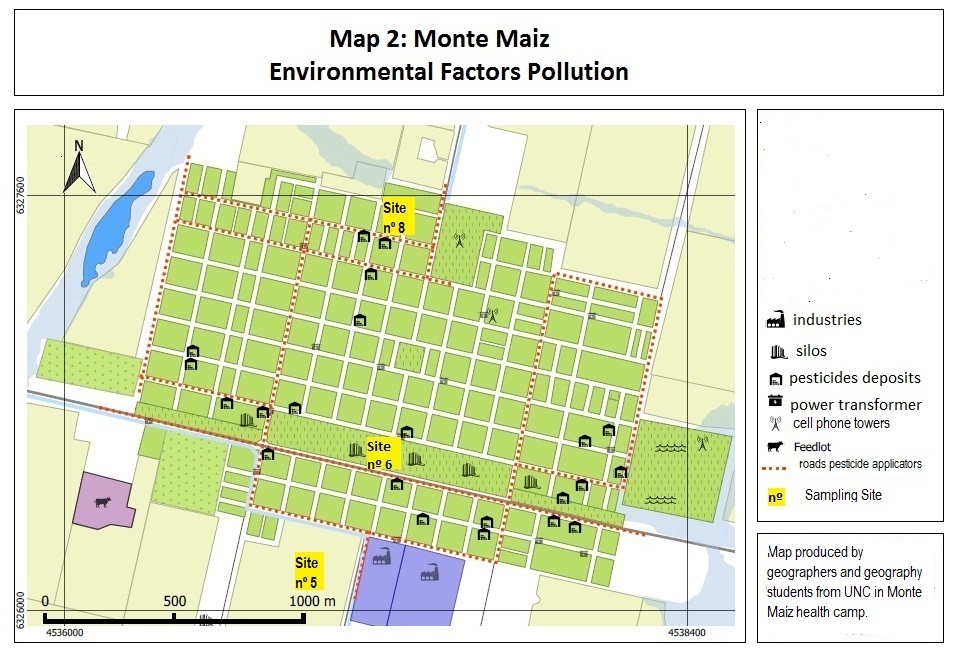 Fuentes de contaminación en Monte Maíz y sitios de tomas de muestras químicas