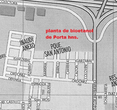 Figura 1. Mapa de Barrio San Antonio y ubicación de la planta de bioetanol de Porta Hnos. 