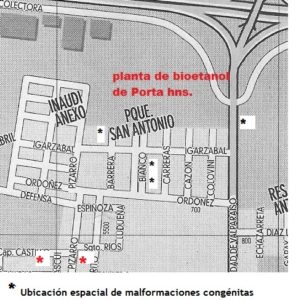 relación espacial entre la destileria dePorta Hnos. y Barrio San Antonio y las familias afectadas de malformaciones