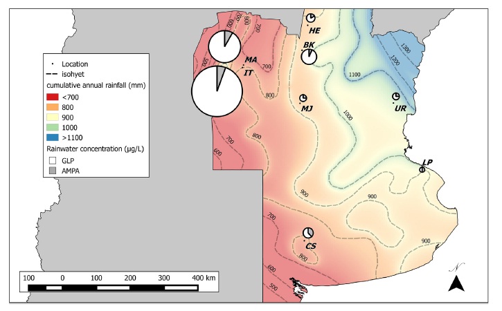 Fig. 2. Concentración relativa de GLP y AMPA en la lluvia en cada sitio de muestreo. Gráficos circulares de diámetros proporcionales a log10 de la concentración media (μg /L) de GLP (blanco) + AMPA (gris), que indican los niveles relativos de los dos herbicidas en el agua de lluvia en los sitios de monitoreo indicados. Las isobarras de precipitación acumulada anuales de la región de las pampas están indicadas por las líneas discontinuas. Categorías: Zona alta (azul a verde), HZ, a ≥1000 mm/año; Zona media, MZ (verde a amarillo), a 900-1000 mm/año; y zona baja (de naranja a rojo), LZ a <900 mm/año. (Para la interpretación de las referencias al color en esta leyenda de la figura, se remite al lector a la versión web de este artículo).