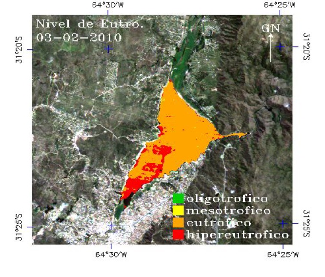 : Mapa de nivel de eutrofización del embalse San Roque elaborado a partir de una imagen LANDSAT-5TM de fecha 03-02-2010. Cortesía del Instituto de Altos Estudios Espaciales Mario Gulich (UNC-CONAE).