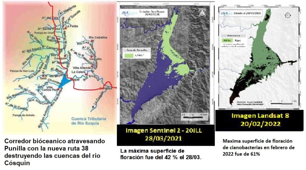 En estas imágenes se puede observar la cuenca del Rio Suquia, el recorrido de la Autovía ruta 38 y como aumenta año a año los bancos de cianobacterias en el lago san Roque.